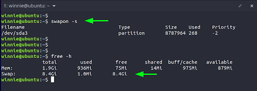 La sortie confirme que nous avons bien une partition swap marquée comme /dev/sda3. Vous pouvez sonder davantage l'espace qu'il occupe à l'aide de la commande free. La sortie montre qu'il occupe 8G d'espace.