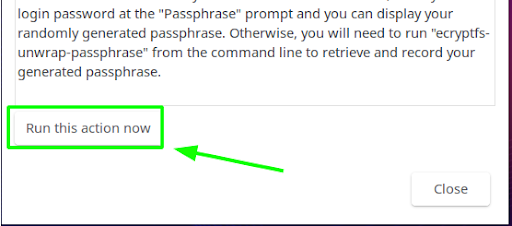 Maintenant que vous avez confirmé les capacités de lecture/écriture, vous devez imprimer ou enregistrer la phrase de passe ; pour ce faire, revenez à la fenêtre contextuelle et appuyez sur le bouton "Exécuter cette action maintenant" ; ou, si vous exécutez ce didacticiel à distance via un terminal, vous devrez exécuter la commande ecryptfs-unwrap-passphrase à la place (voir ci-dessous).