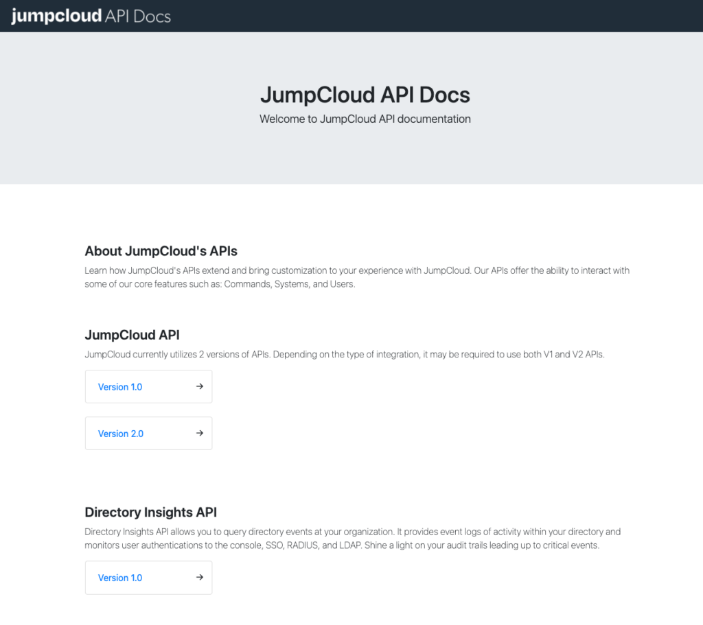 Refreshed homepage of the JumpCloud API documentation site.