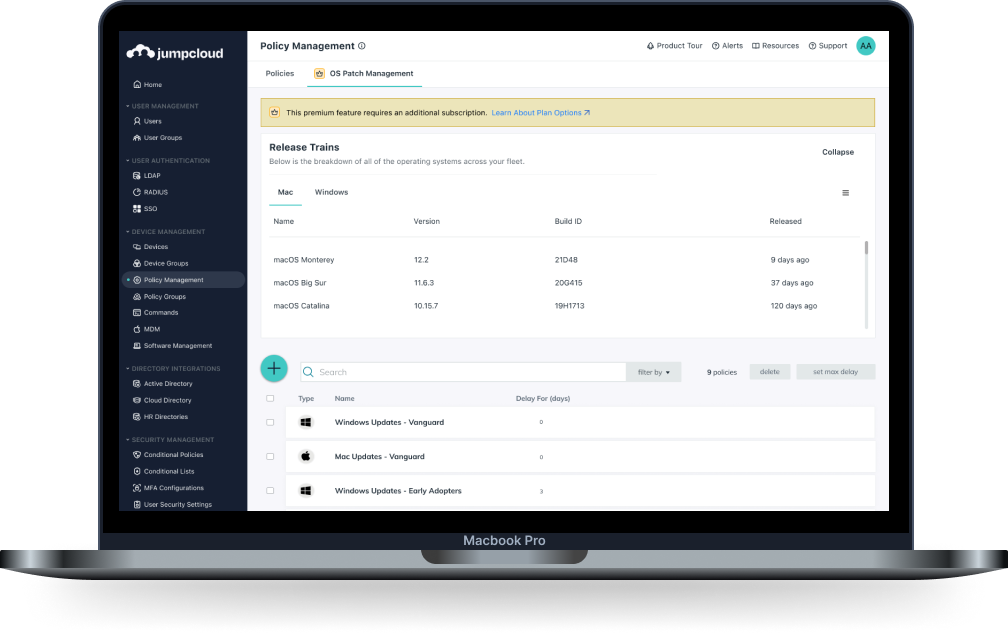 tableau de bord des informations système pour jumpcloud