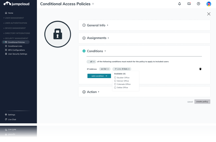Jumpcloud conditional access policies screen