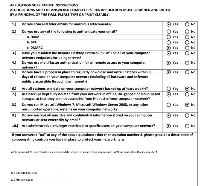 Common cyber insurance questions, including questions about running Microsoft Windows 7 and Microsoft Windows Server 2008.