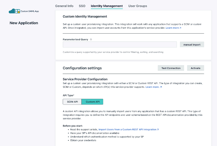 Screenshot of JumpCloud's custom identity management configuration options
