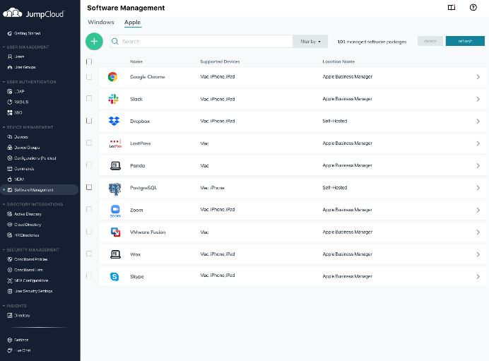 Screenshot of JumpCloud’s Software Management dashboard displaying a list of applications running on an Apple machine.