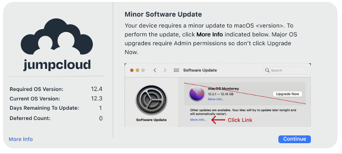 Screenshot of a software update prompt explaining where to click inside of the JumpCloud console to upgrade their OS.