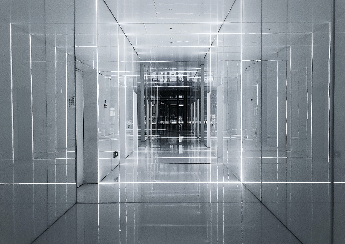 Black and white hallway with white rectangle overlays