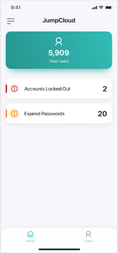 Screenshot of mobile app displaying total user count, number of accounts locked out, and number of expired passwords