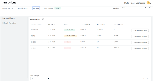 Screenshot of invoices in JumpCloud