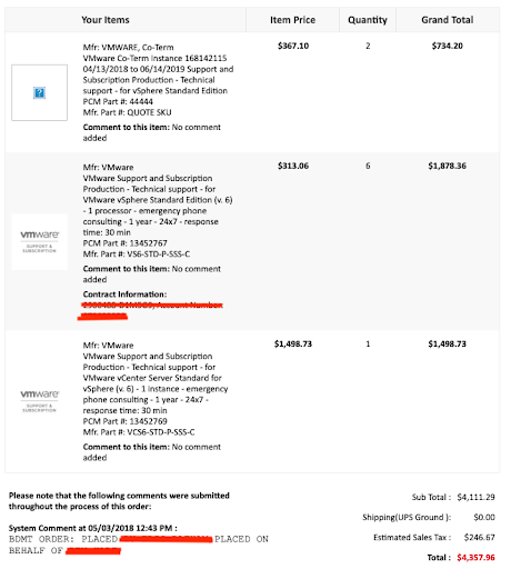 Screenshot of network hardware breakdown totaling $4,357.96 for three items