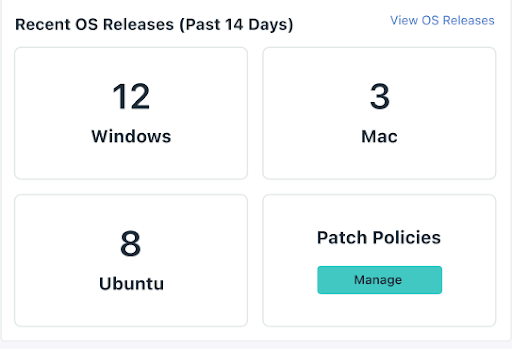 Screenshot of JumpCloud's Patch Policies widget showing recent OS releases: 12 Windows, 3 Mac, 8 Ubuntu