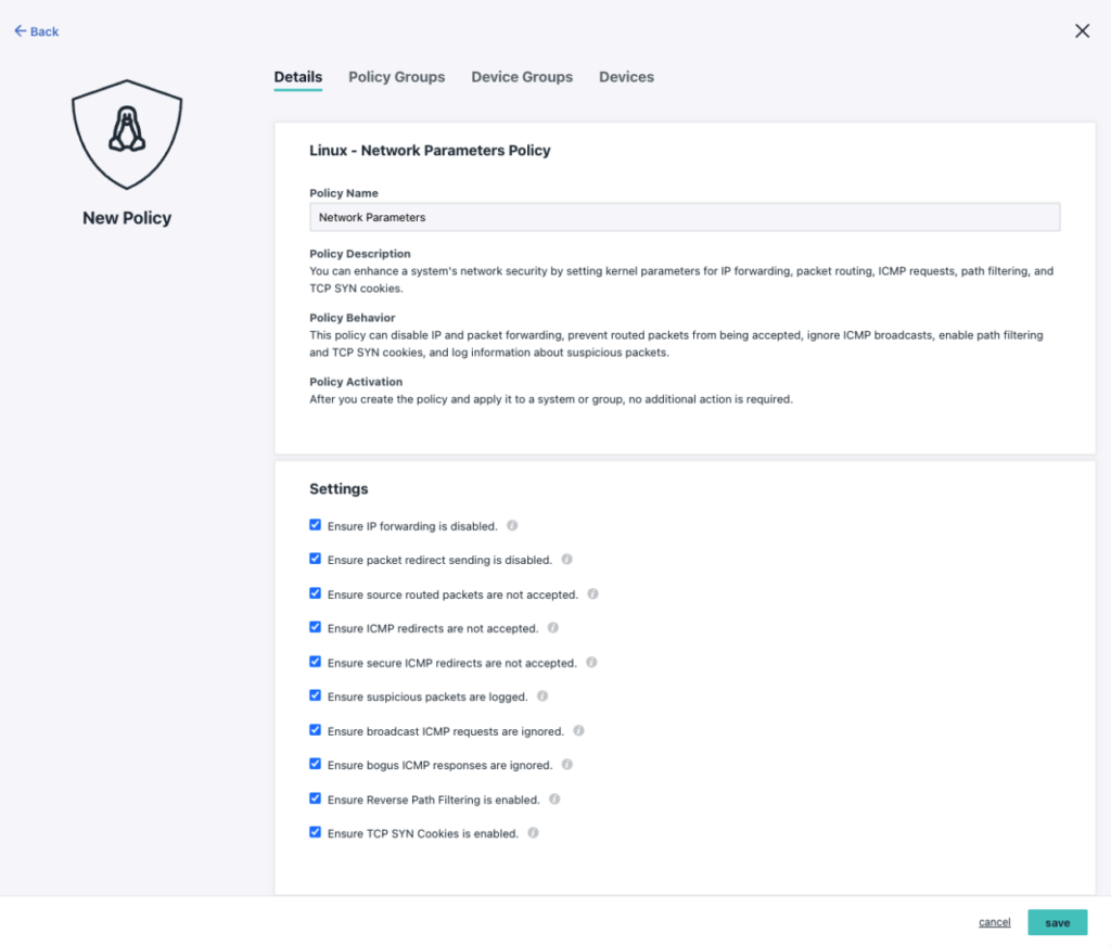 screenshot of network parameters policy