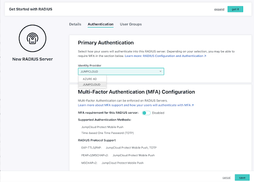 JumpCloud users can use JumpCloud or Azure AD as their IdP when authenticating into a RADIUS server