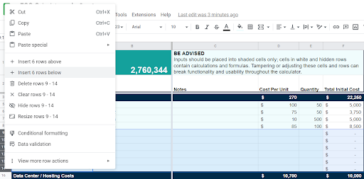 Screenshot of how to add new rows to JumpCloud's TCO calculator