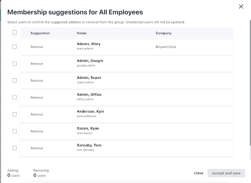 Screenshot of a user list in JumpCloud's membership suggestions settings