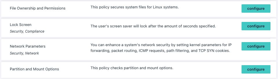 New Linux policies: File ownership and permission, lock screen security, network parameters, partition and mount options
