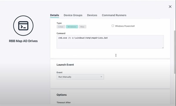 Command line for RBB Map AD Drives  in JumpCloud dashboard