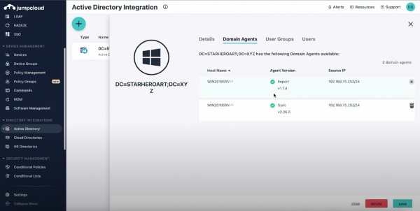 JumpCloud dashboard for Active Directory integration