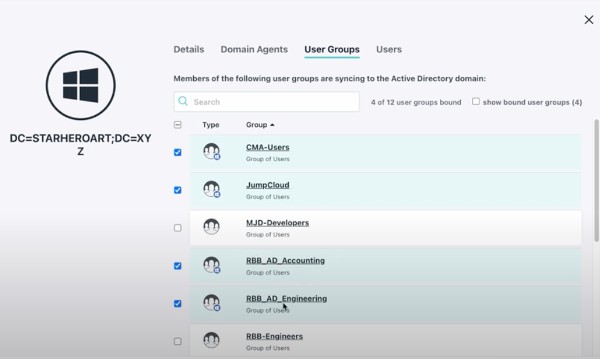JumpCloud dashboard view of different user groups from Active Directory
