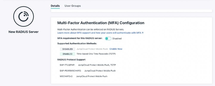 JumpCloud allows for multi-factor authentication (MFA) configuration on RADIUS servers.