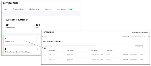 screenshots of JumpCloud homepage with a arrow pointing to the user page
