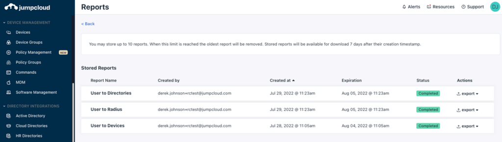 JumpCloud Reports Dashboard Screenshot 2