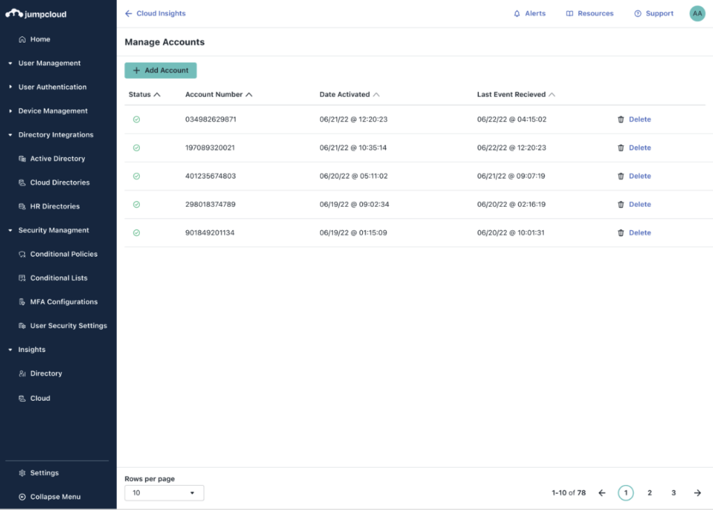 screenshot of manage accounts in cloud insights