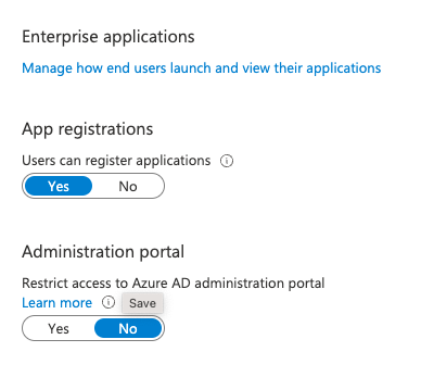 App registrations and admin portal access can be restricted in AAD