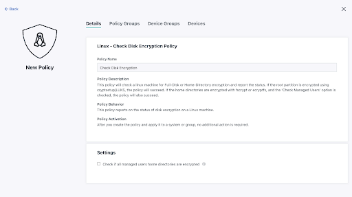 screenshot of Linux check disk encryption policy configurations