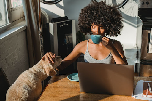 woman sipping from a coffee mug, petting her dog while working in front of her laptop