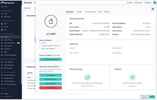 screenshot of JumpCloud device management overview screen