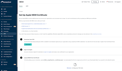 screenshot of JumpCloud MDM set up portal