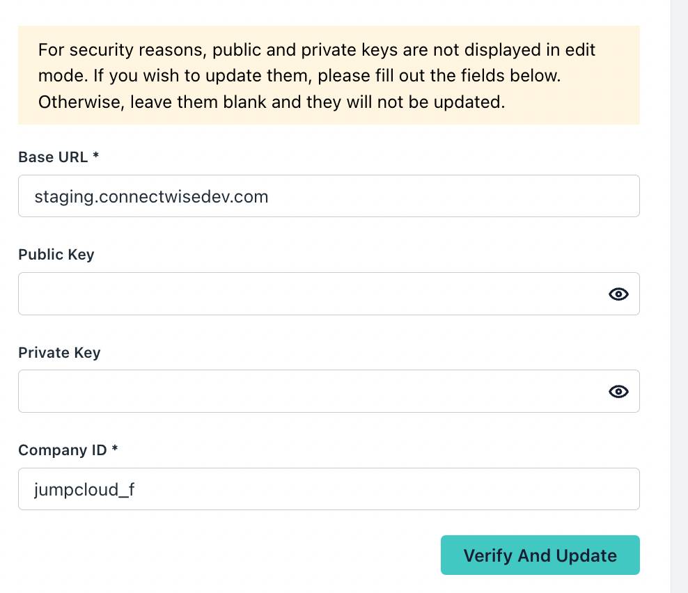 Public and private combinations are required by ConnectWise Manage