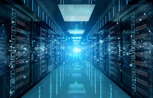 Connection network in dark servers data center room storage systems 3D rendering