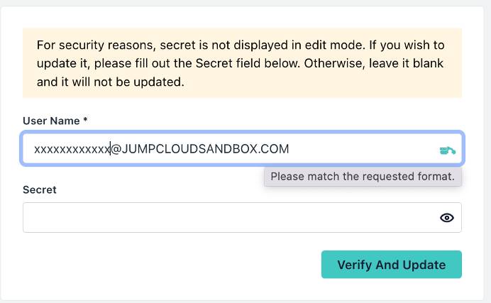 User name and secret fields required by Autotask