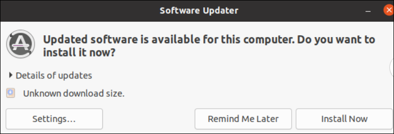 Image showing the software update alert an end user sees when a patch is pushed to their machine. This alert says that updated software is available, with the options Remind Me Later, Install Now, or Settings....