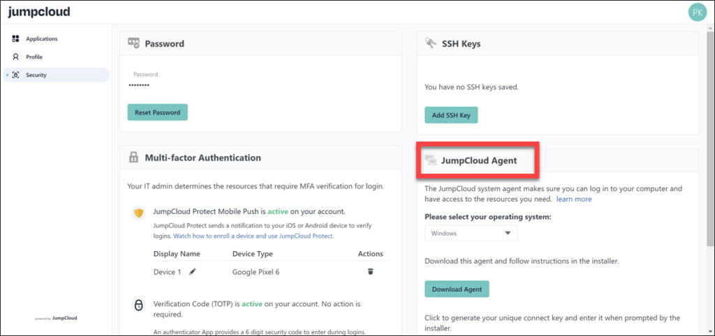 A screenshot of the JumpCloud User Portal calling out the JumpCloud Agent section that appears when your IT Admin has enabled you to download the agent from the User Portal.