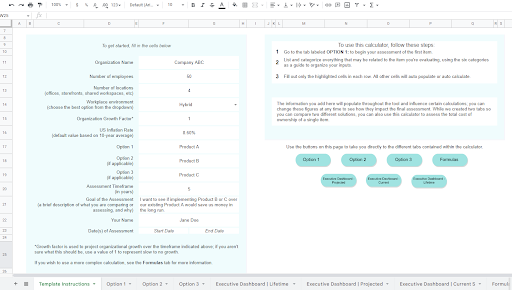 Screenshot of JumpCloud's TCO calculator template instructions tab