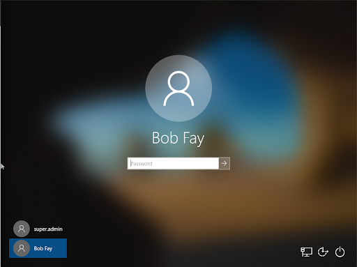 Windows login screen displaying Bob Fay user account now that it is re-enabled.