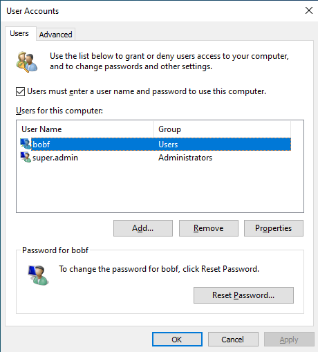 User Accounts (netplwiz) window displaying bobf user account as an active user.
