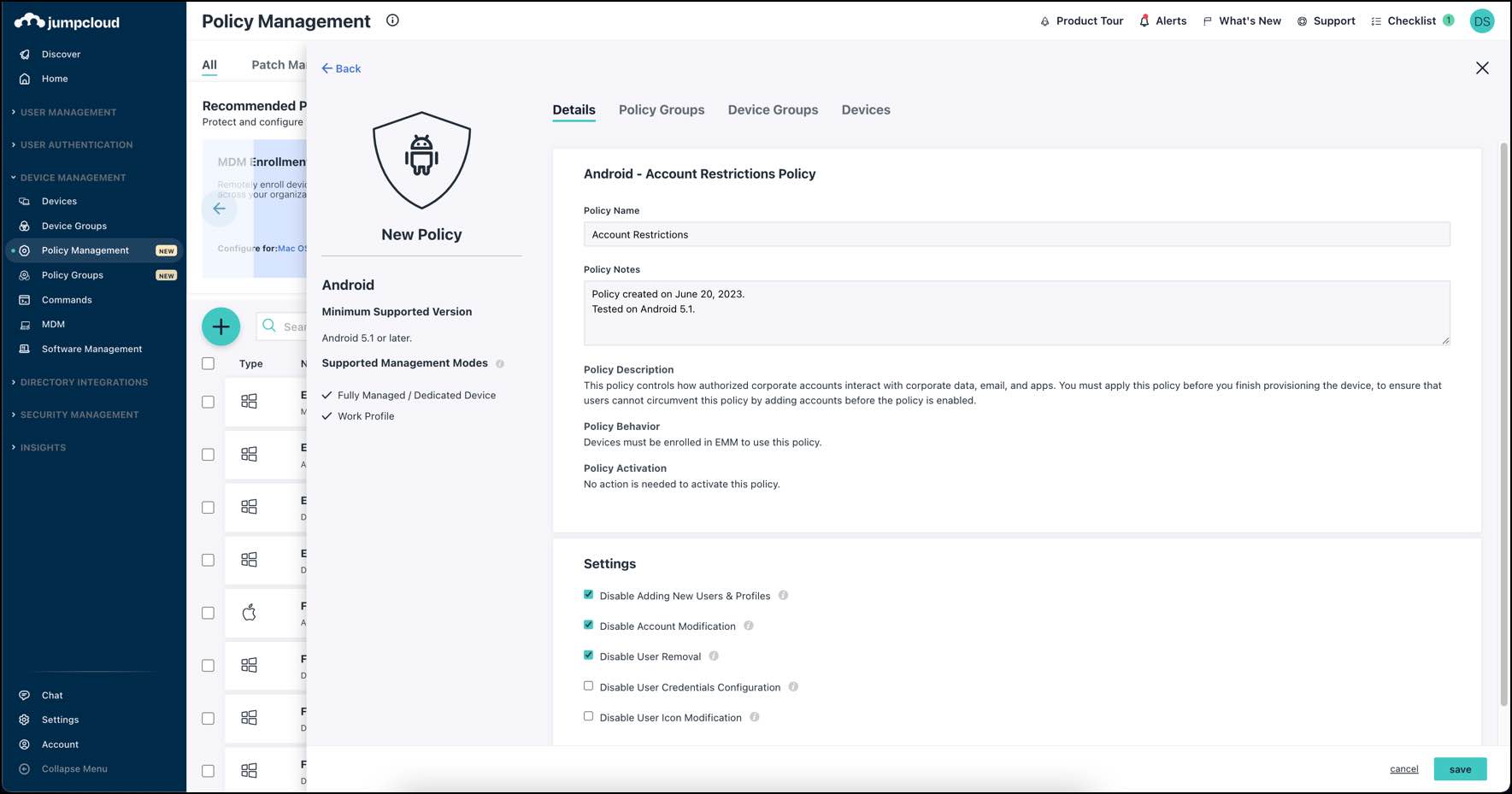 New Android Account Restrictions Policy window in the JumpCloud Admin Console.