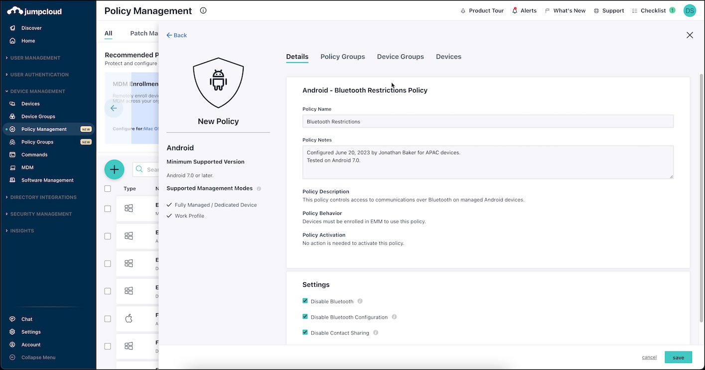 New Android Bluetooth Restrictions Policy window in the JumpCloud Admin Console.