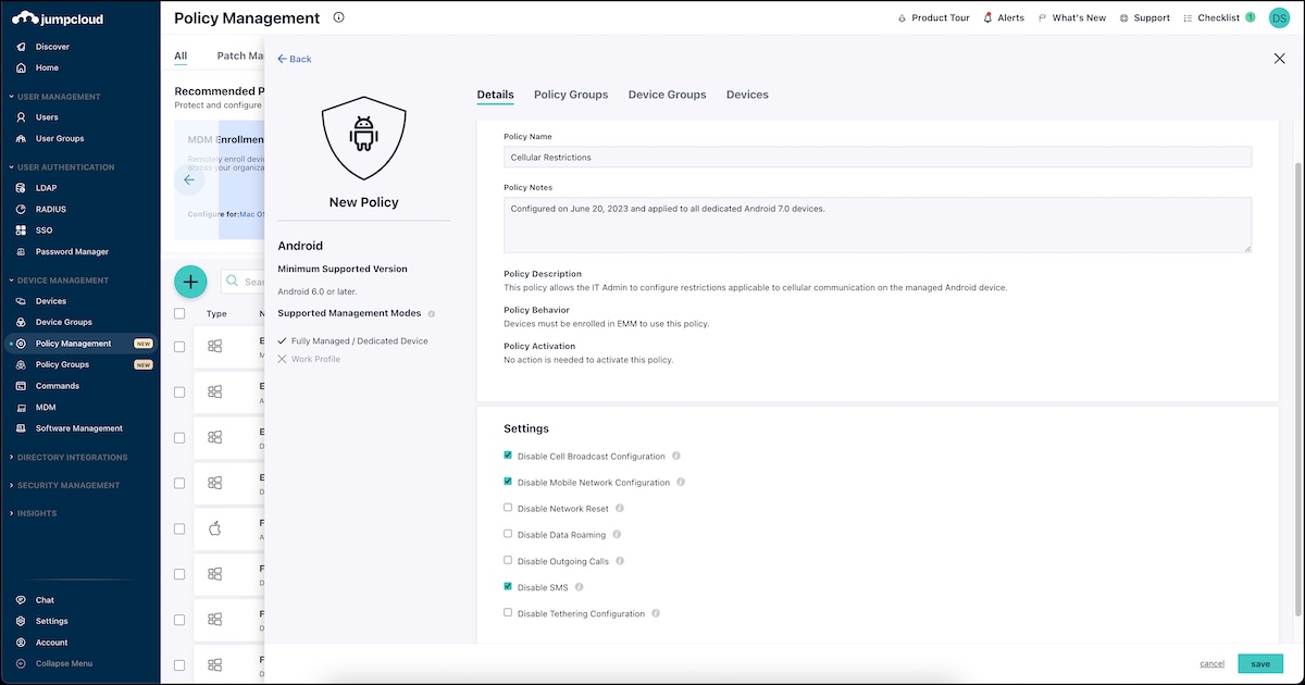 Adding a new Android Cellular Restrictions Policy in the JumpCloud Admin Console.