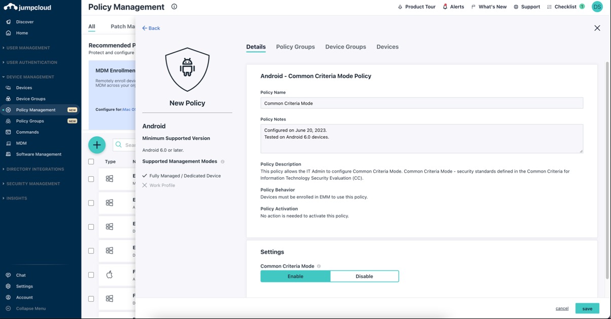 New Android Common Criteria Mode Policy window in the JumpCloud Admin Console.