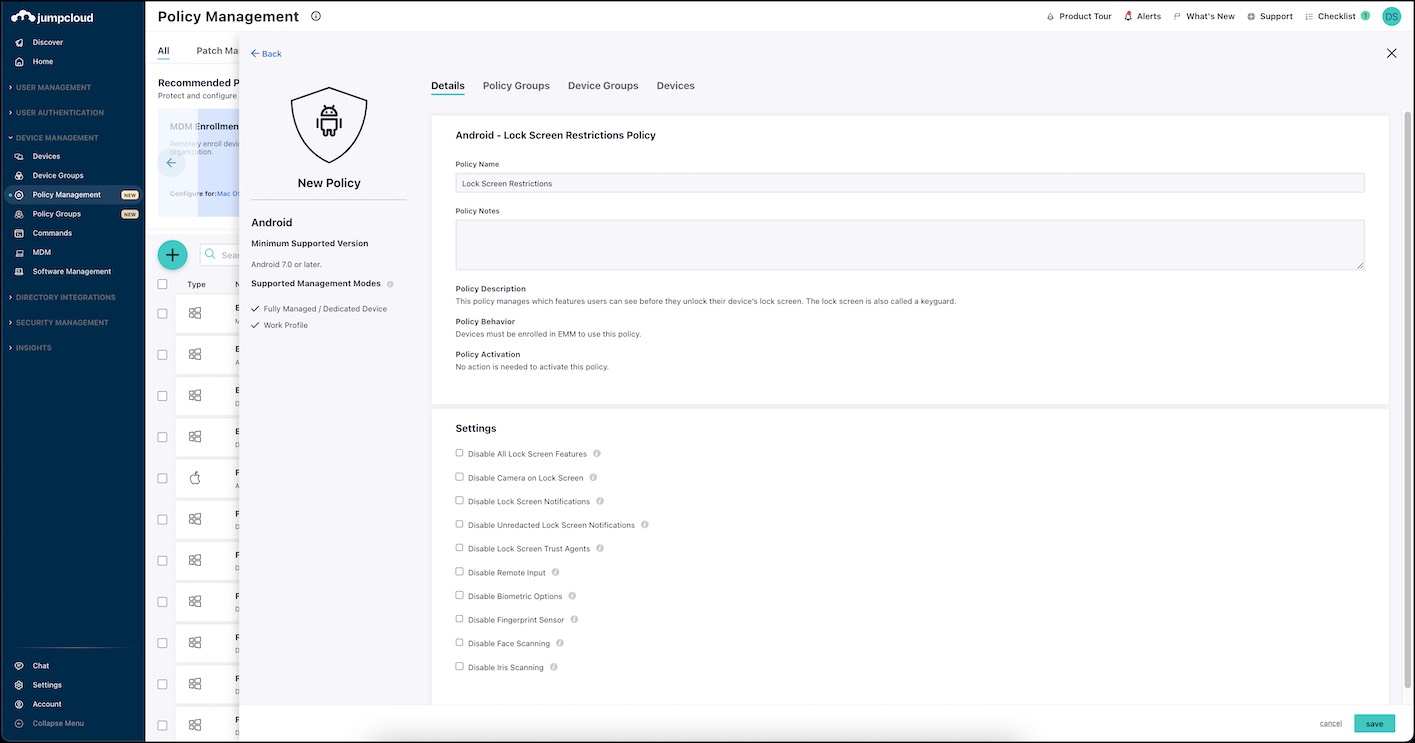 New Android Lock Screen Restrictions Policy window in the JumpCloud Admin Console.