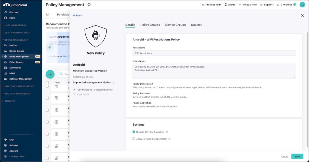 New Android WiFi Restrictions Policy window in the JumpCloud Admin Console.