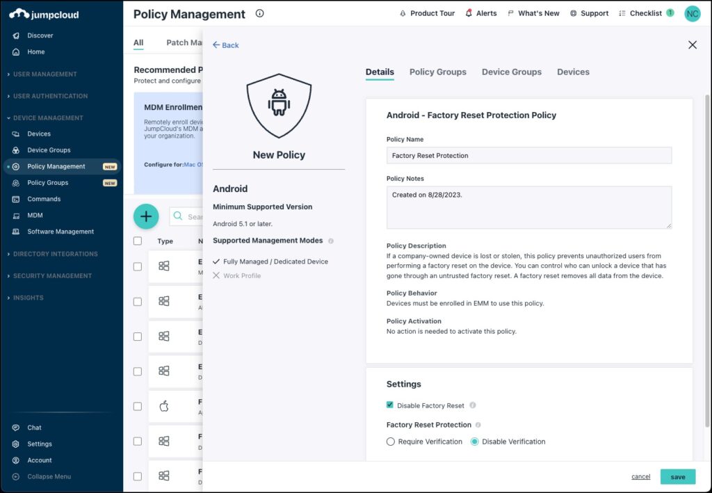 Configure Factory Reset Protection Policy in the JumpCloud Admin Portal.