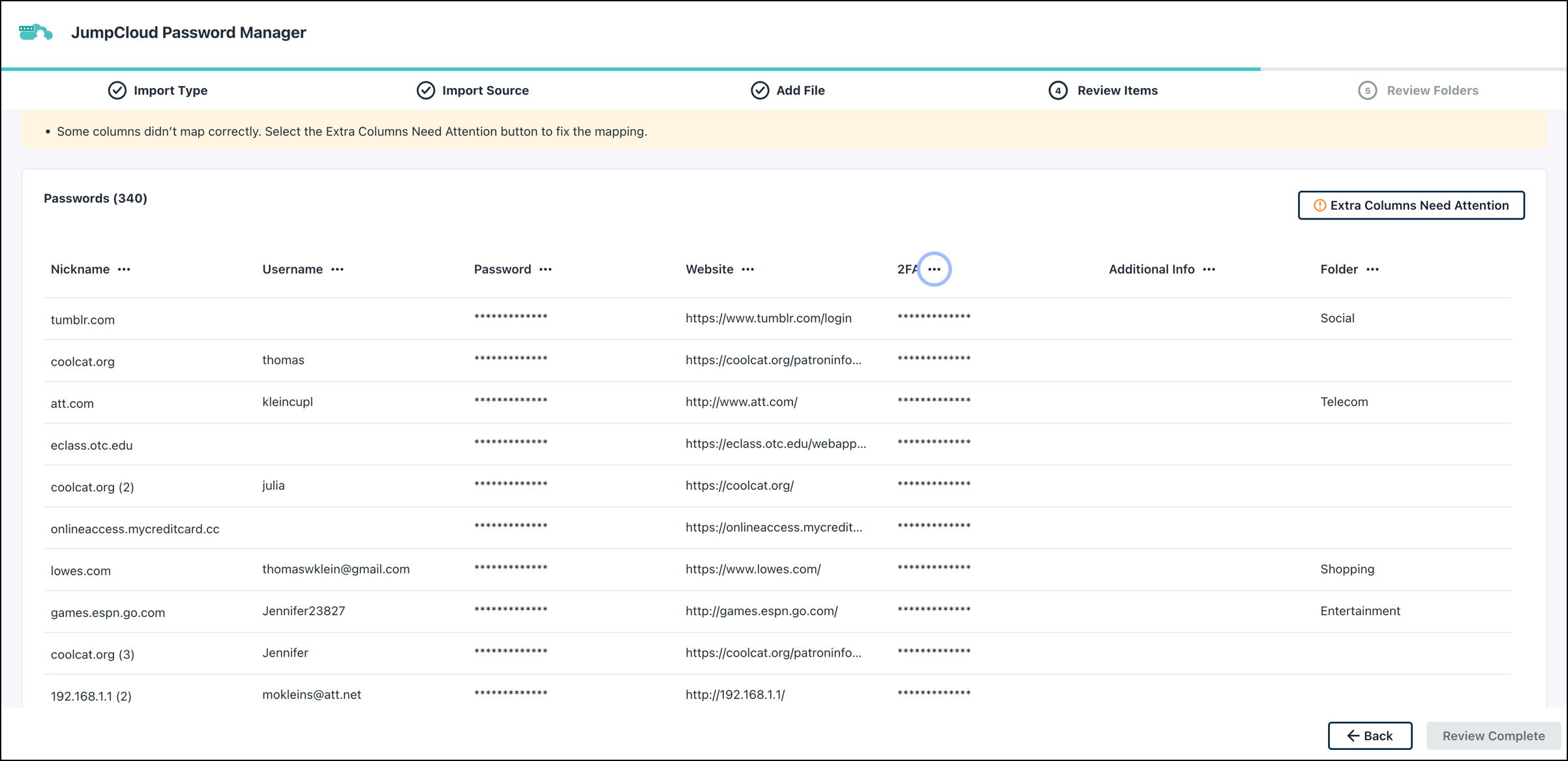 import tool review items, extra columns need attention