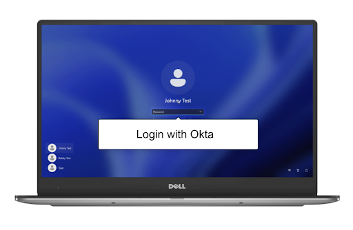 computer graphic with "Login with Okta" screen showing
