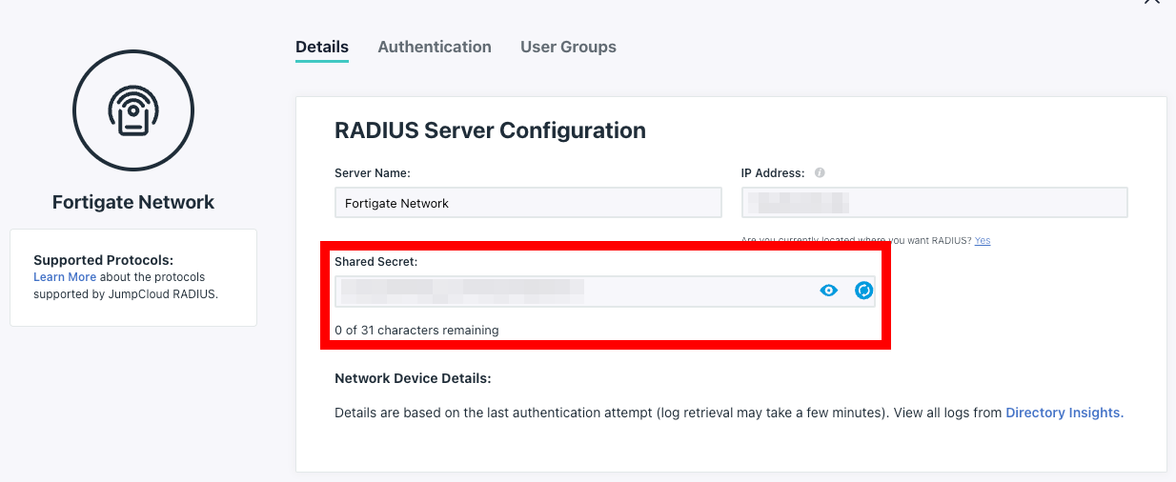 Locating the Shared Secret defined in the RADIUS Server within the JumpCloud Admin Portal.