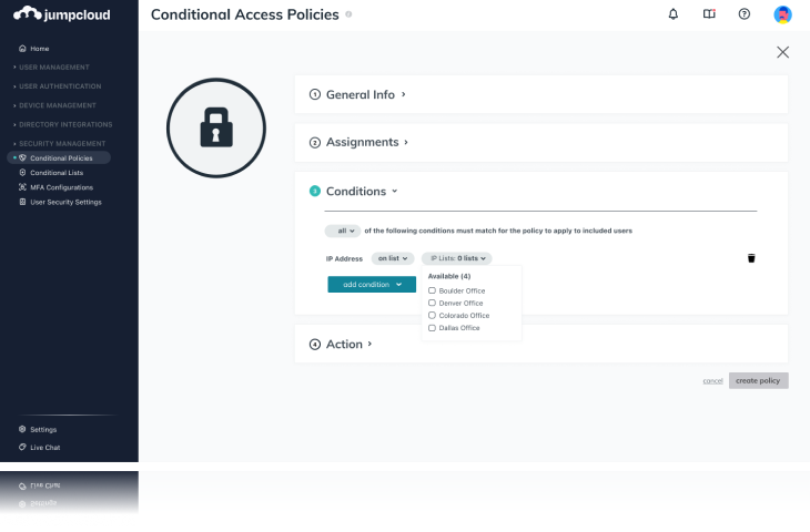 Écran des politiques d'accès conditionnel Jumpcloud